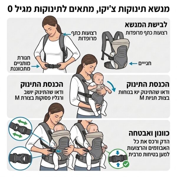 איור הוראות לבישת מנשא תינוק קדמי ואבטחת האבזמים בעברית