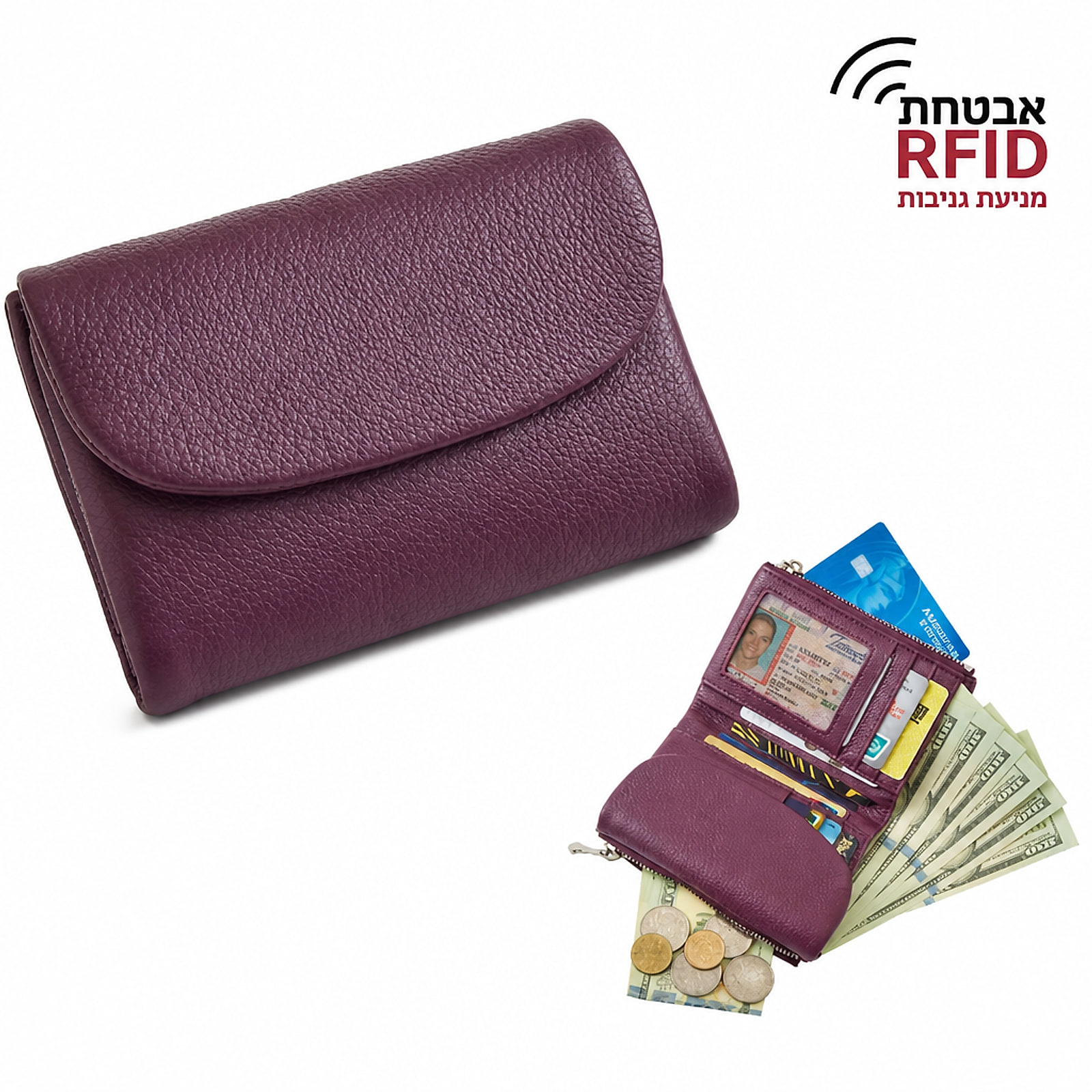 ארנק נשים מעור עם הגנת RFID בצבע סגול, מבט פתוח