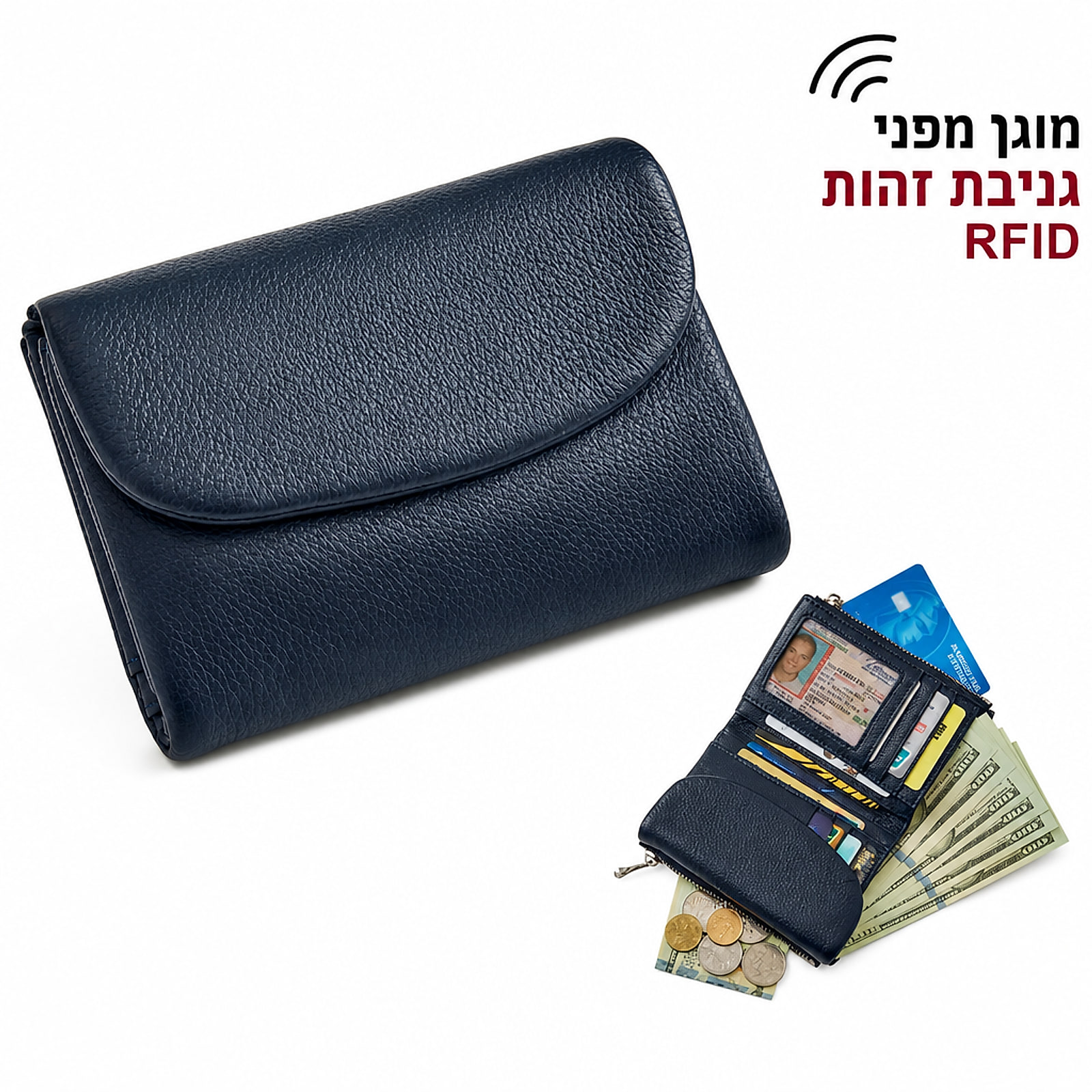ארנק נשים מעור כחול כהה עם חסימת RFID ותכולה מסודרת