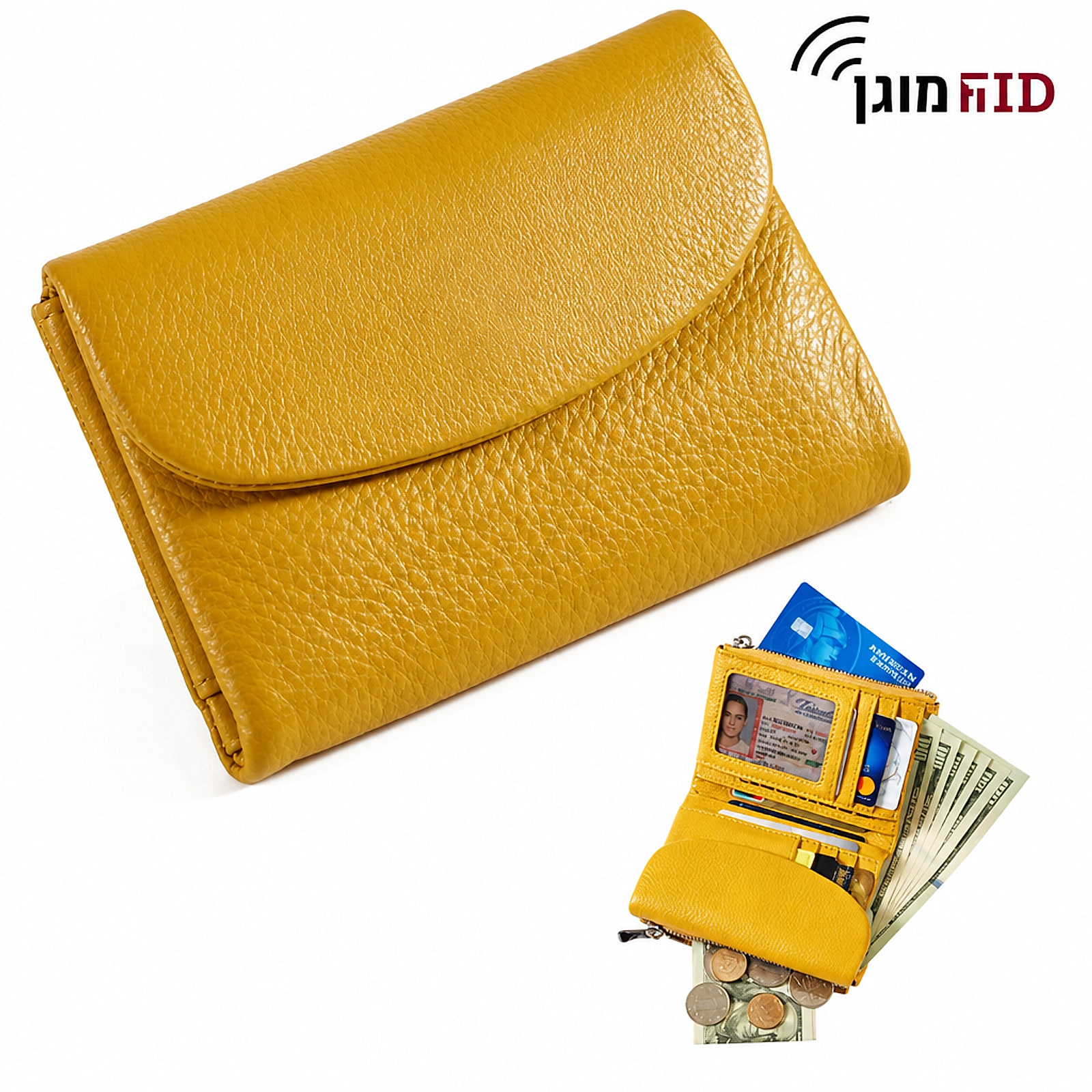 ארנק נשים מעור צהוב חרדל עם RFID ותא מטבעות ברוכסן