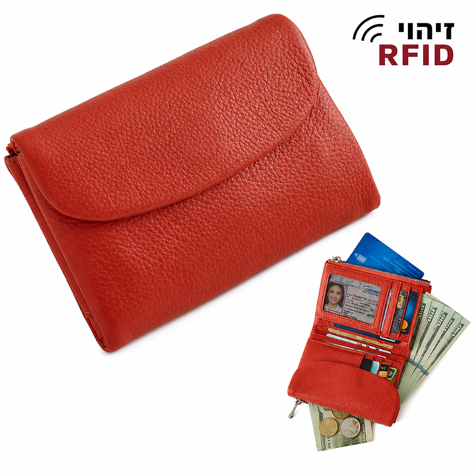 ארנק נשים מעור כתום-אדמדם עם RFID ותאי אחסון