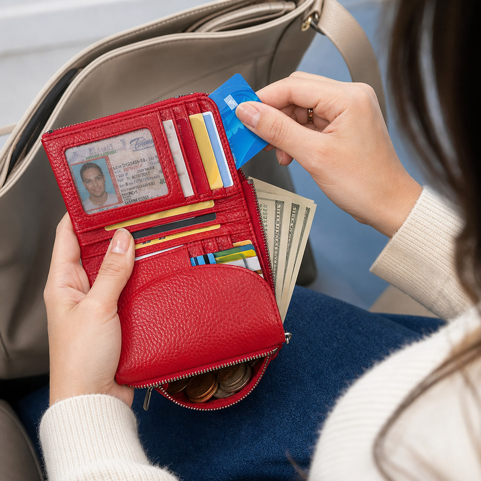 ארנק נשים מעור עם הגנת RFID בצבע אדום פתוח בשימוש