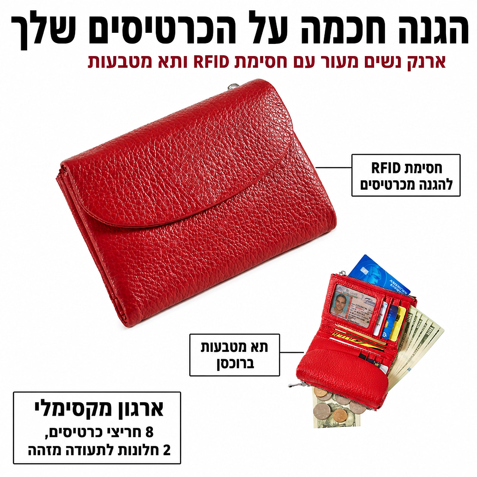אינפוגרפיקה ארנק נשים מעור עם חסימת RFID ותא מטבעות