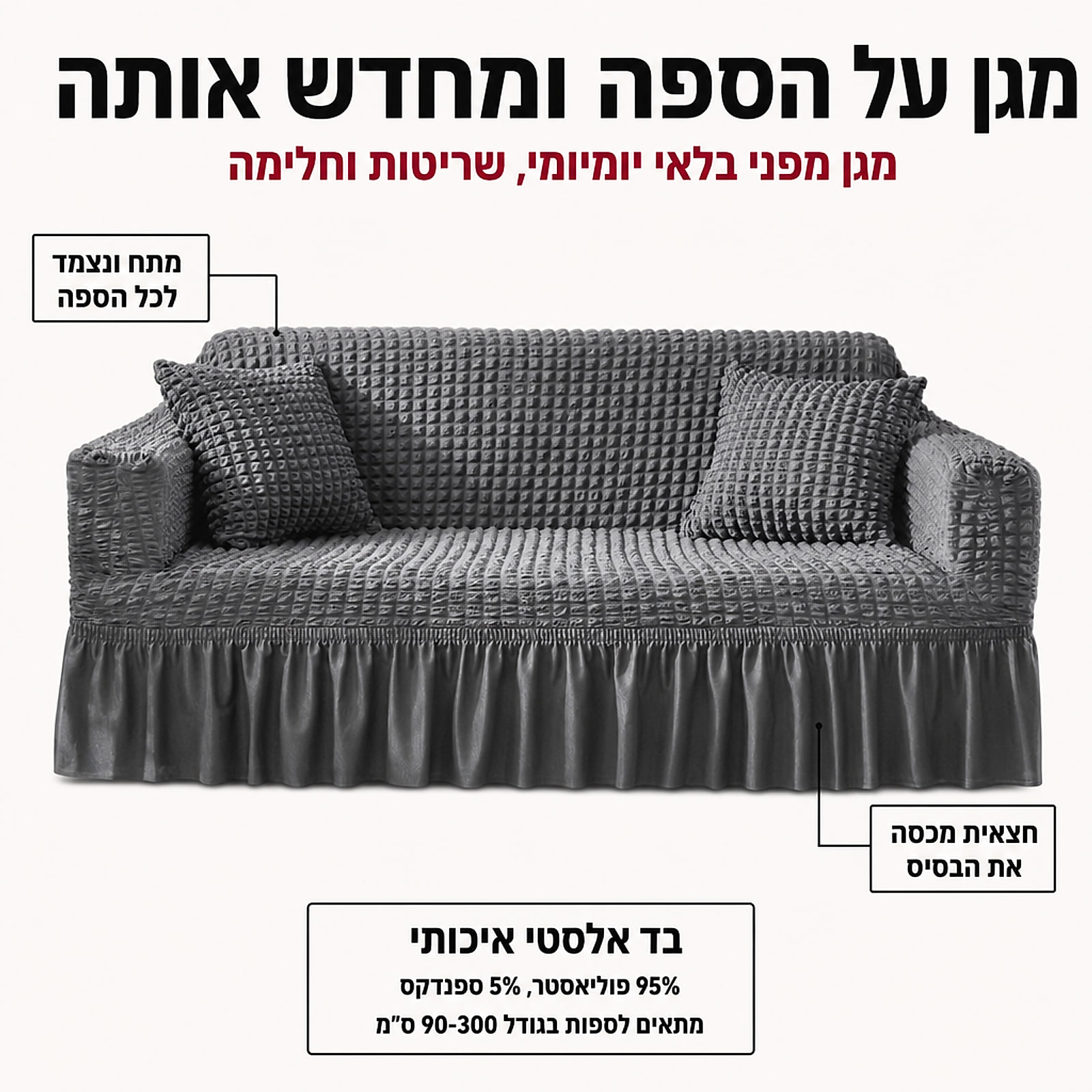 אינפוגרפיקה של כיסוי ספה אלסטי עם פירוט בד והתאמה