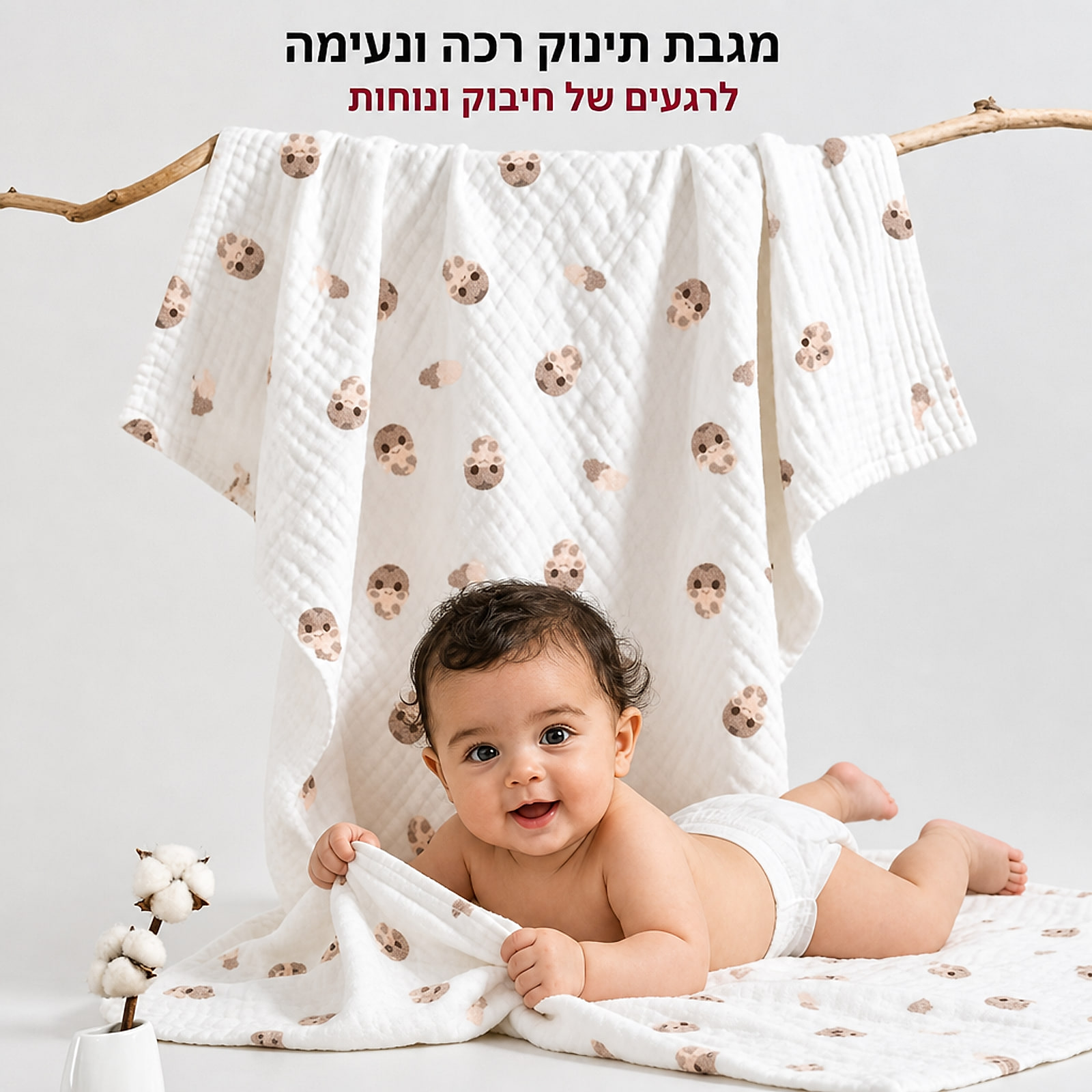 מגבת תינוק מוסלין תלויה עם הדפס דובונים לצד תינוק מחייך