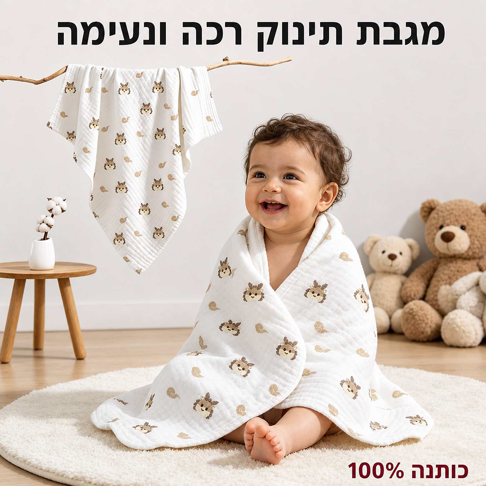 מגבת תינוק מוסלין 100% כותנה עם כובע והדפס חמוד