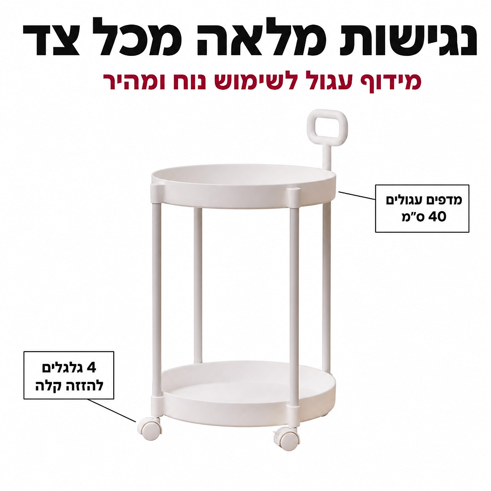 גרפיקה המדגישה מדפים עגולים בקוטר 40 ס״מ וארבעה גלגלים