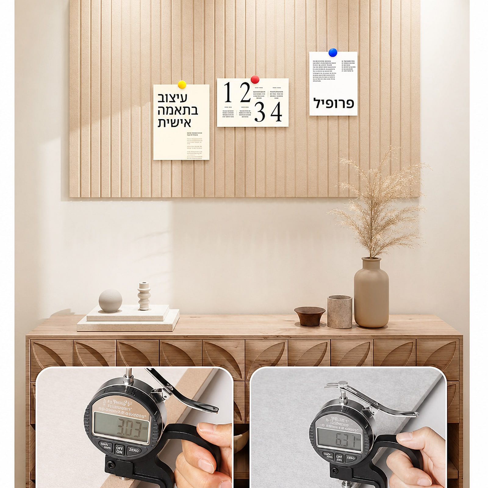 פאנל קיר אקוסטי – המחשה של מדידת עובי ומרקם